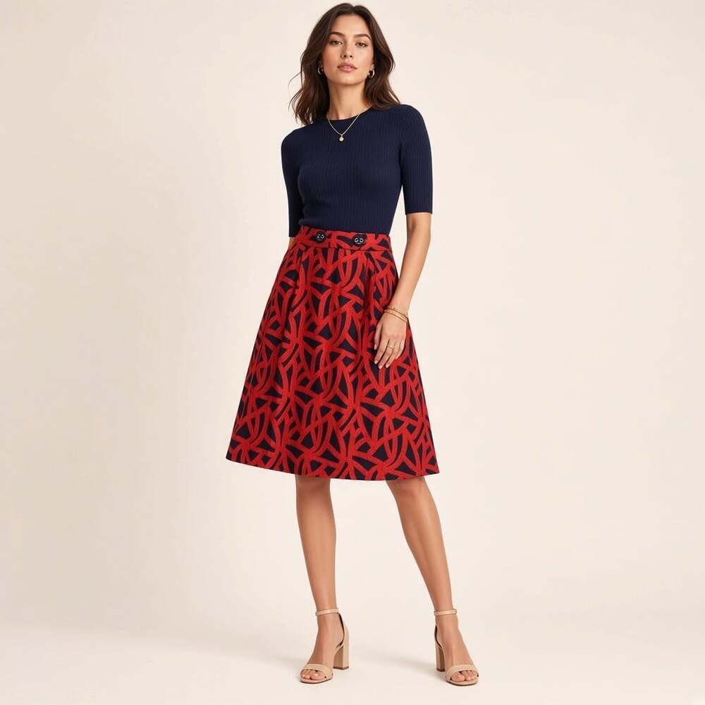 Eva Franco Anthropologie A-Line Mini Skirt 2P Petite Geometric Red Navy Print